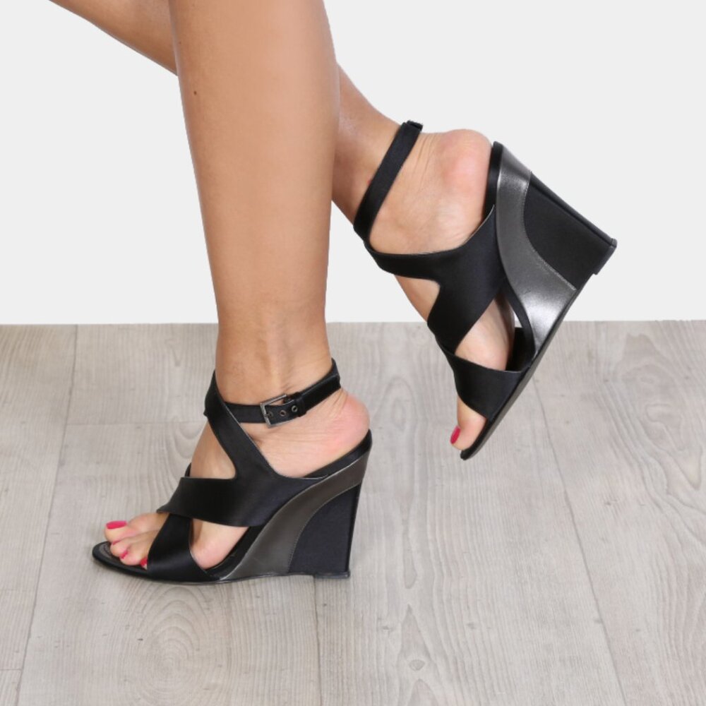 Louis Vuitton Black Satin Cross Strap Open Toe Wedges Minimalist Quiet Luxury
